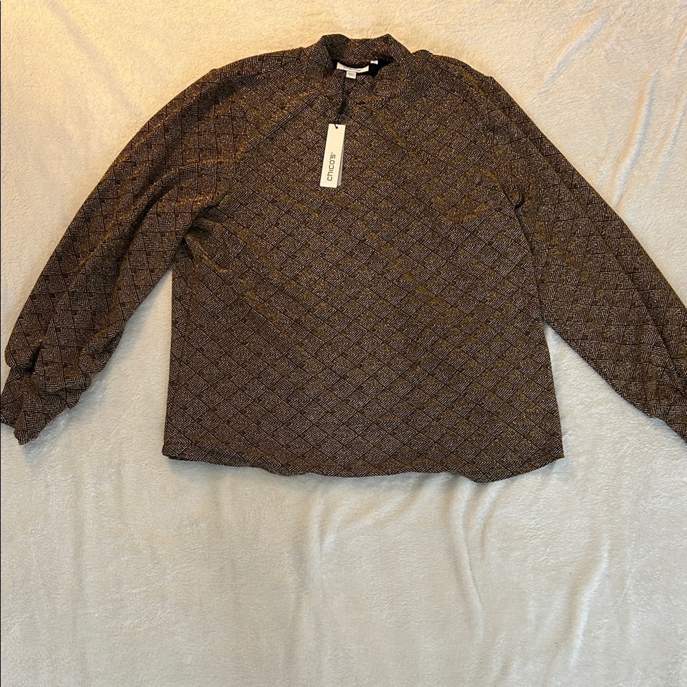 Chicos textured gold, mock neck, top, black and gold